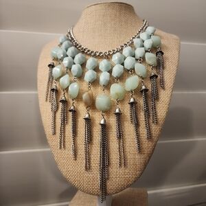 Chunky Beaded Statement Bib Necklace Light Blue Green Acrylic Stones Silver-tone